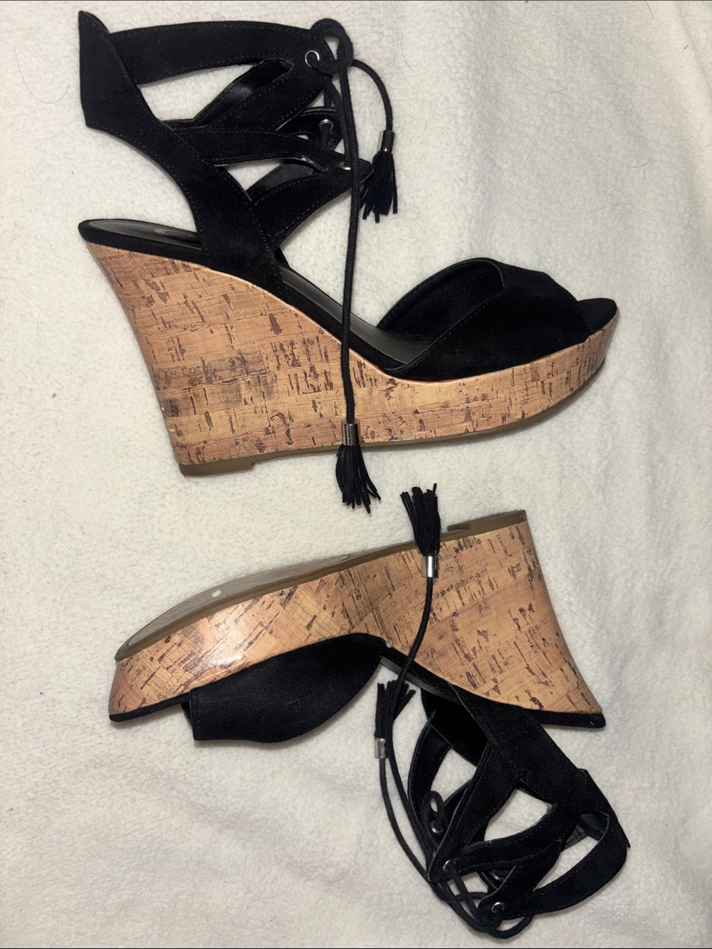 Guess Black Suede Lace-Up Open-Toe Heels with Tassels